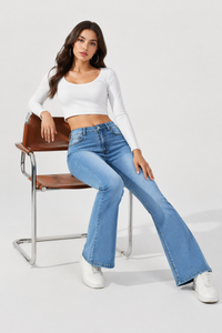 Women's Mid-Rise Stretchy Denim Flare Bootcut Jeans