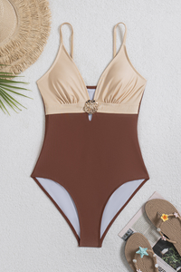 Women's Color Block Deep V Metal High Waist One Piece