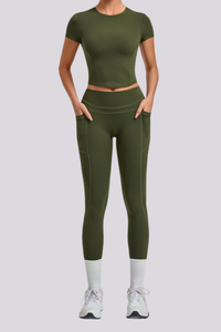 Women's Crew Neck T-shirt Pocket Leggings Yoga 2 Piece Set