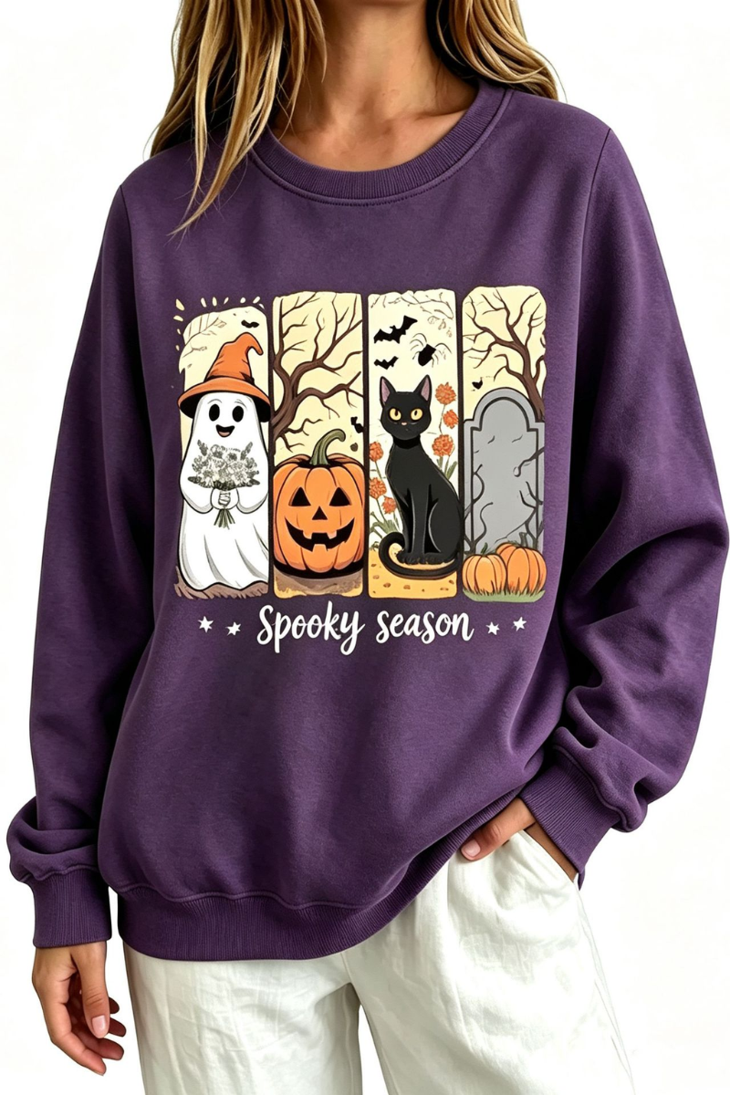 Women's Fall Halloween Spooky Print Thin Relaxed Sweatshirt
