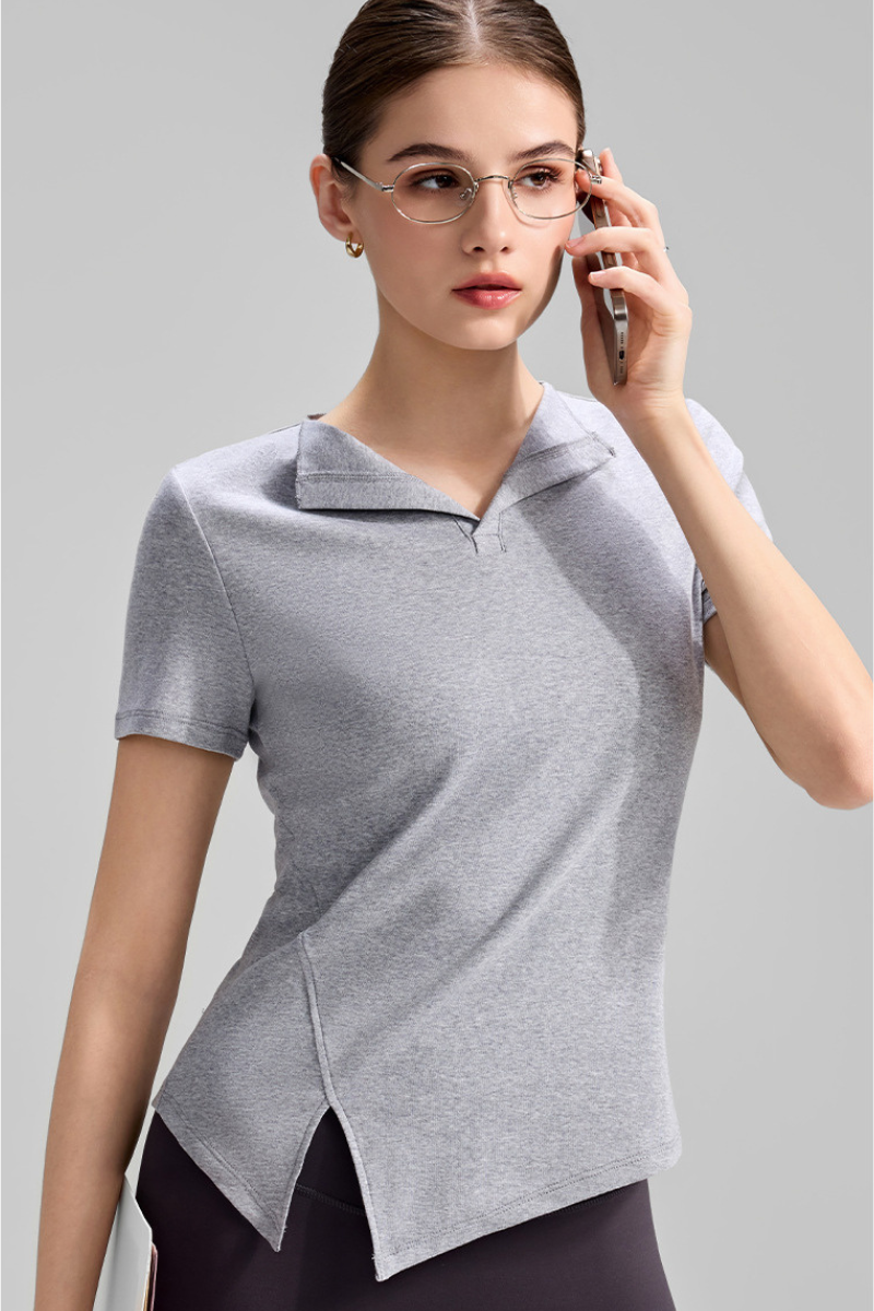 Women's Collared Naked Feel Asymmetric Slit Hem T-shirt