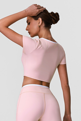 Women's Contrast Cross Cutout Neckline Cropped Workout Tee