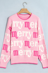 Women's Cute Christmas Crew Neck Sweater Pink Merry Letter