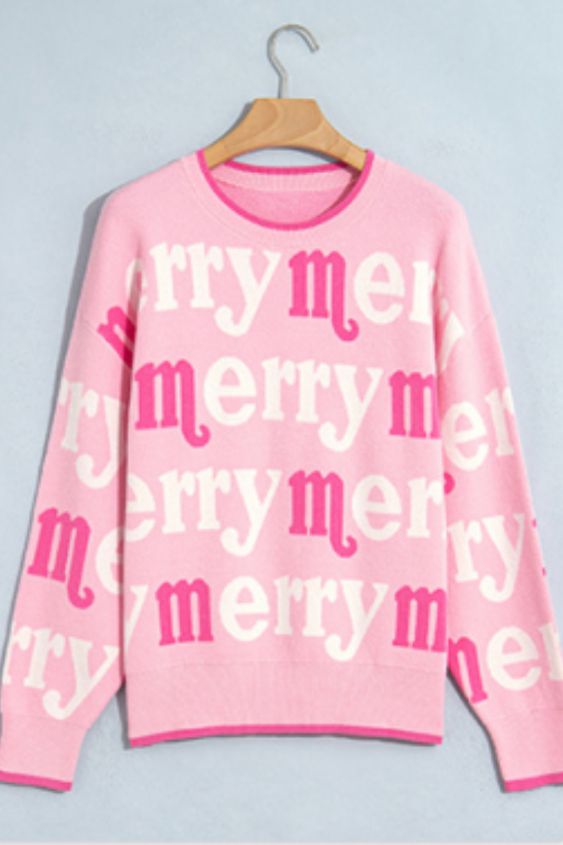 Women's Cute Christmas Crew Neck Sweater Pink Merry Letter