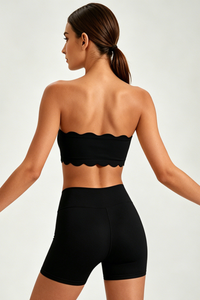 Women's Scalloped Strapless Bra And Shorts Workout Yoga Set