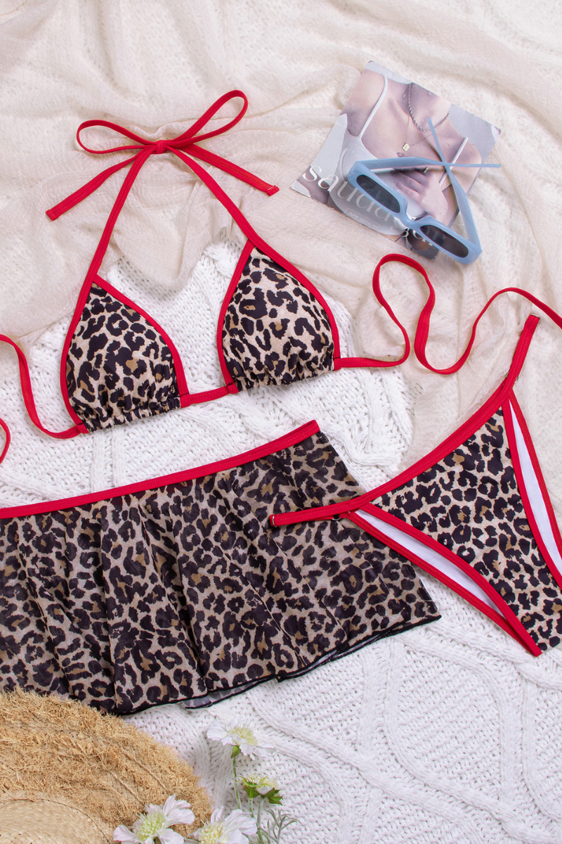 Women's Leopard Print Colorblock Halter 3 Piece Bikini Set