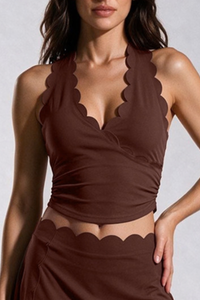 Women's Scalloped Halter Neck Side Pleated Sports Tank Top