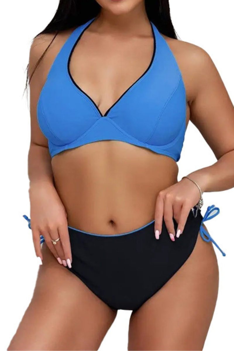 Women's Halter Deep V High Waist Side Tie Bikini Set - Solid