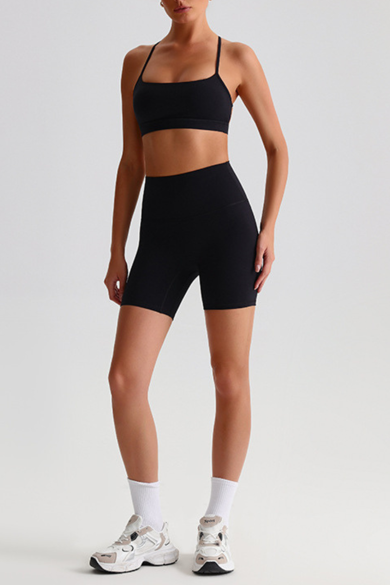 Women's Bare Feel Cross Back Bra & Side Pocket Shorts Set