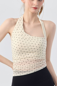 Women's Polka Dot Asymmetric Halter Mesh Padded Yoga Tank Top