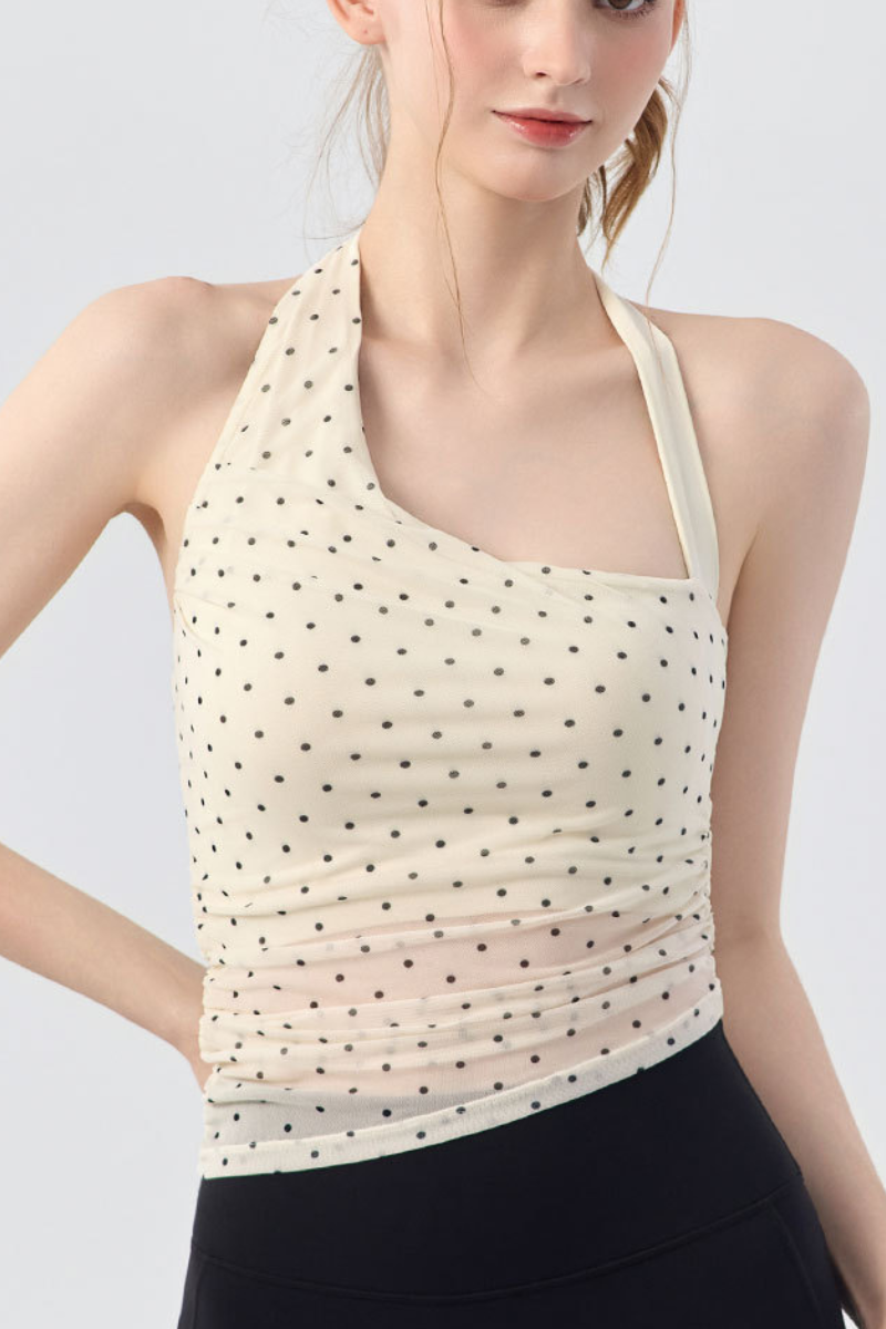 Women's Polka Dot Asymmetric Halter Mesh Padded Yoga Tank Top