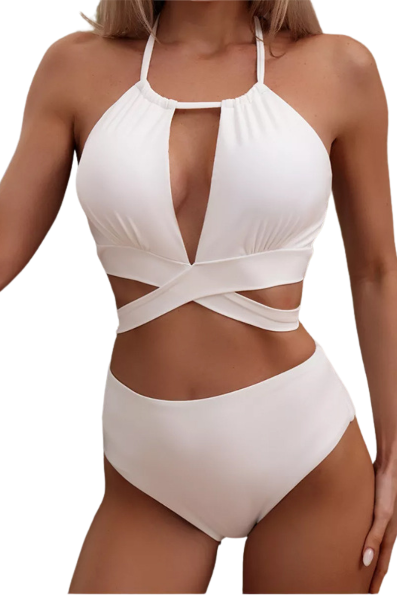 Women's Halter Back Bow High Waist Bikini Set - Solid