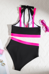 Women's Faux Two Piece V-Neck High Waist Halter Bikini Set