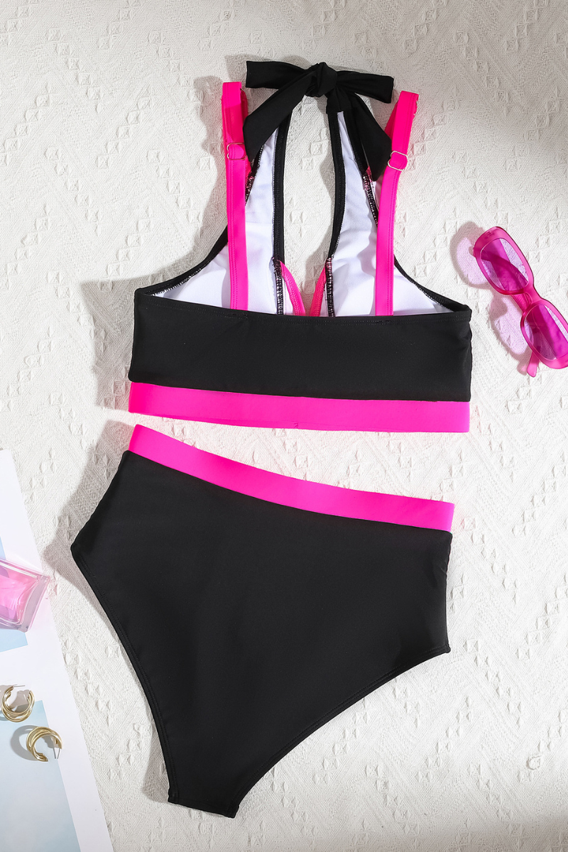 Women's Faux Two Piece V-Neck High Waist Halter Bikini Set