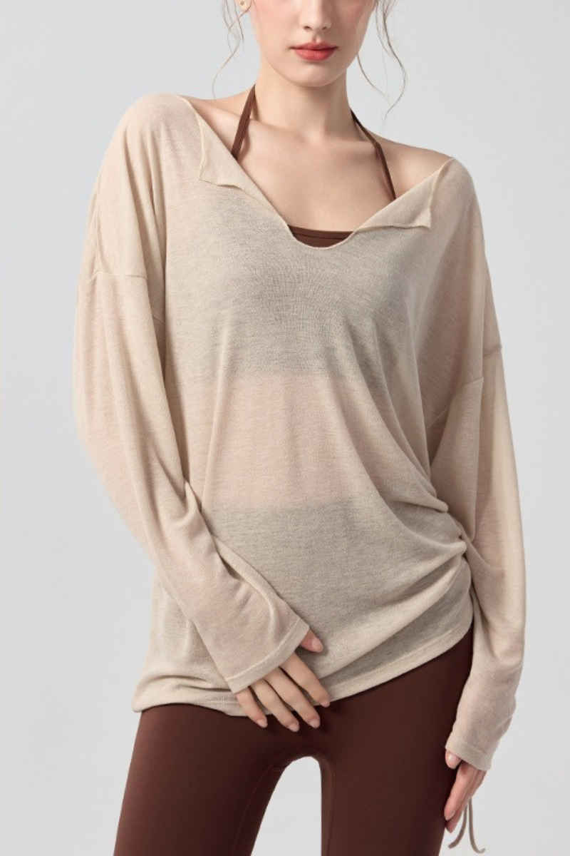Women's Sheer Notched V-Neck Drawstring Yoga Long Sleeve Top