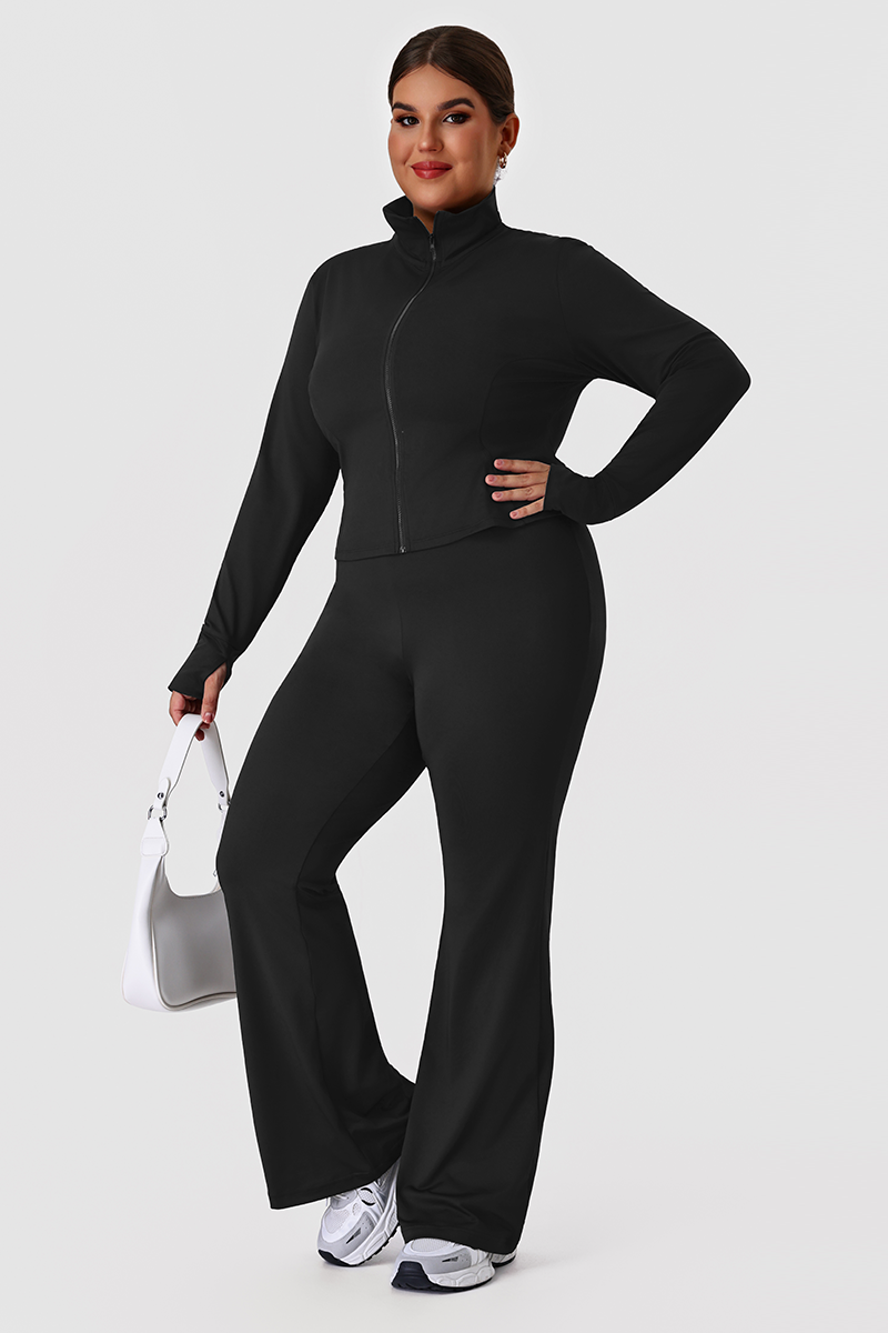 Plus Size Women's Two-Piece Set:Stand Collar Jacket Yoga Flare Pants