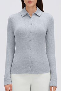Women's Button-Front Polo Slim Fit Shirt Long-Sleeve Top