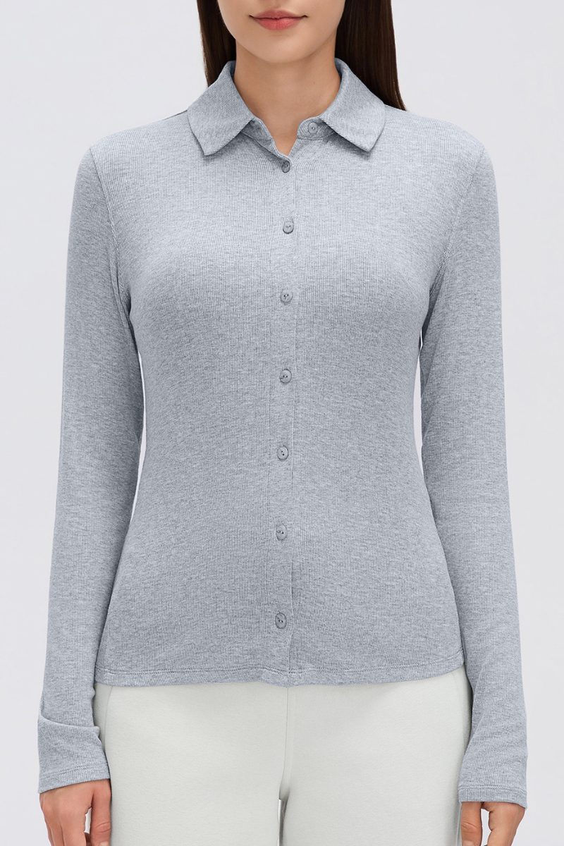 Women's Button-Front Polo Slim Fit Shirt Long-Sleeve Top