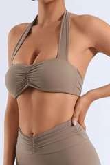Women's Solid Halter Neck Ruched Front Padded Sports Bra