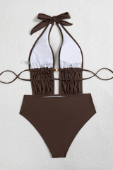 Women's Summer Halter Deep V Ruched Cutout Backless Swimsuit