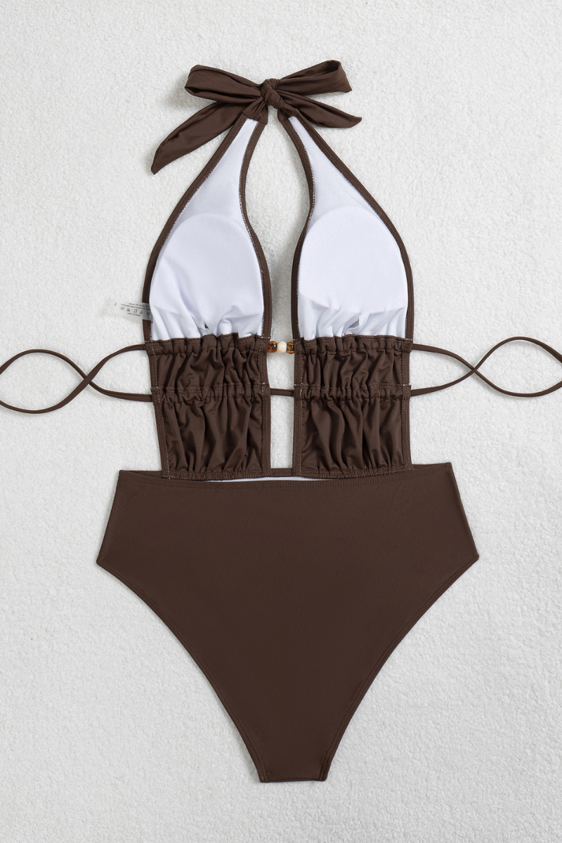 Women's Summer Halter Deep V Ruched Cutout Backless Swimsuit