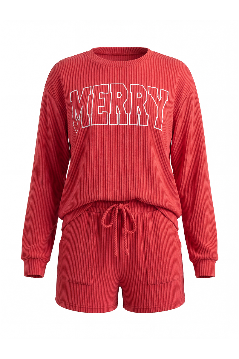 Women's Christmas Sets: MERRY Letter Pullover And Shorts