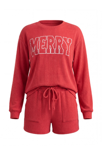 Women's Christmas Sets: MERRY Letter Pullover And Shorts