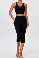 Women's V Neck Y Back Crop Tank & Capri Leggings Yoga Sets