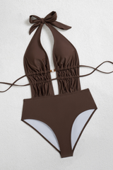 Women's Pleated Halterneck Cutout Backless Swimsuit