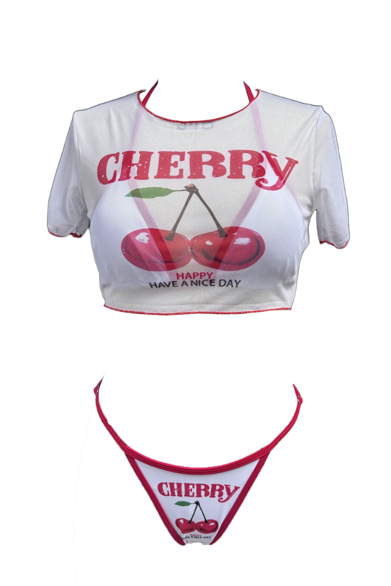 Women's Cherry Print Color Block Triangle Three Piece Bikini