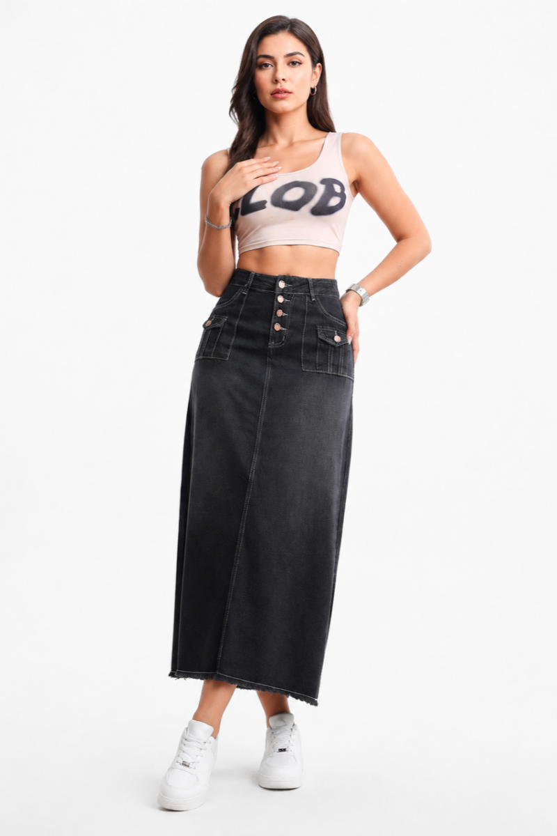 Women's High Waist Button Fly Denim Maxi Skirt