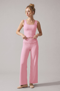 Women's Lace Trim Tank Top And Wide Leg Pants Workout Set