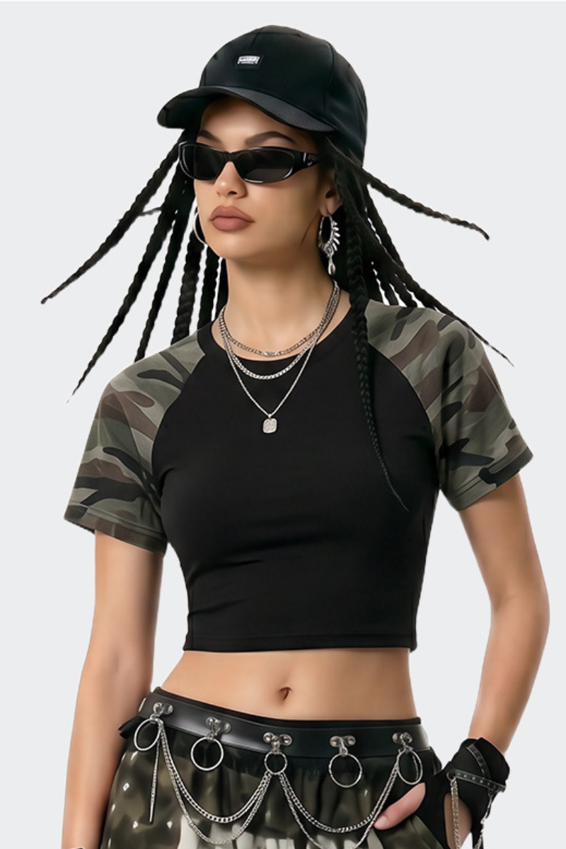 Women's Summer Cotton Camo Raglan Sleeve Cropped Tee