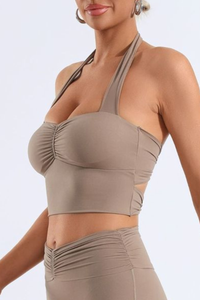 Women's Halter Neck Pleated Twist Back Padded Sports Bra