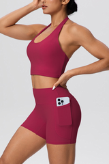 Women's Sport Set:Halterneck Tank Top And Side Pocket Shorts
