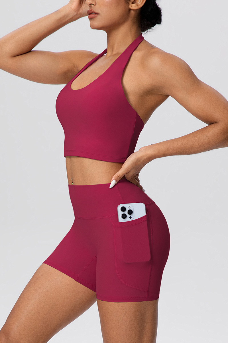 Women's Sport Set:Halterneck Tank Top And Side Pocket Shorts