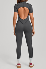 Women's Half-Zip Short Sleeve Open Back Jumpsuit