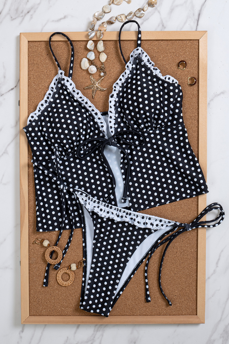 Women's Summer Polka Dot Ruffle Trim Side Tie Tankin Sets