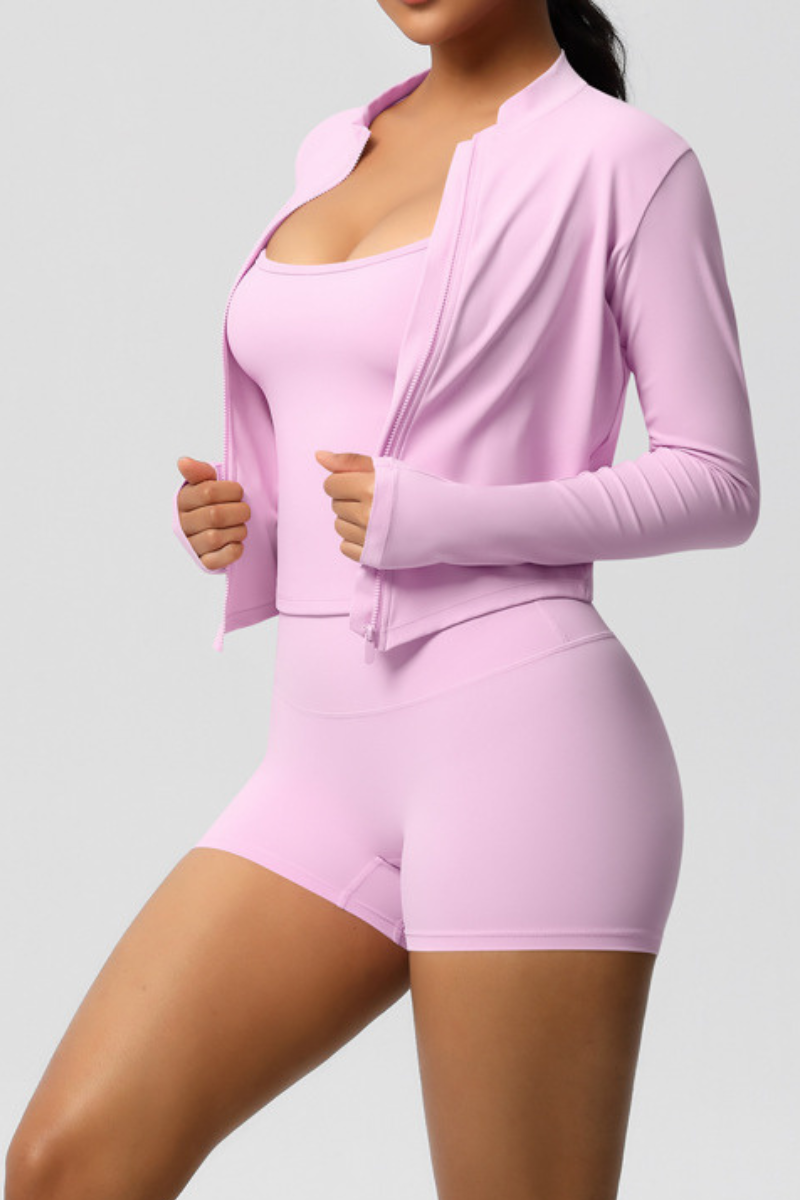 Women Tight Yoga Set:Brushed Sports Bra+ Zip Jacket + Shorts