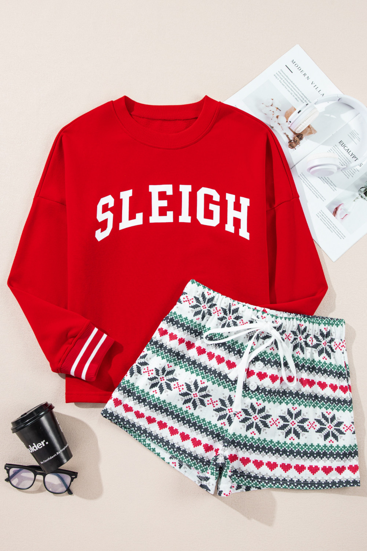 Women's Christmas Sets:Sleigh Letter Sweatshirt And Shorts