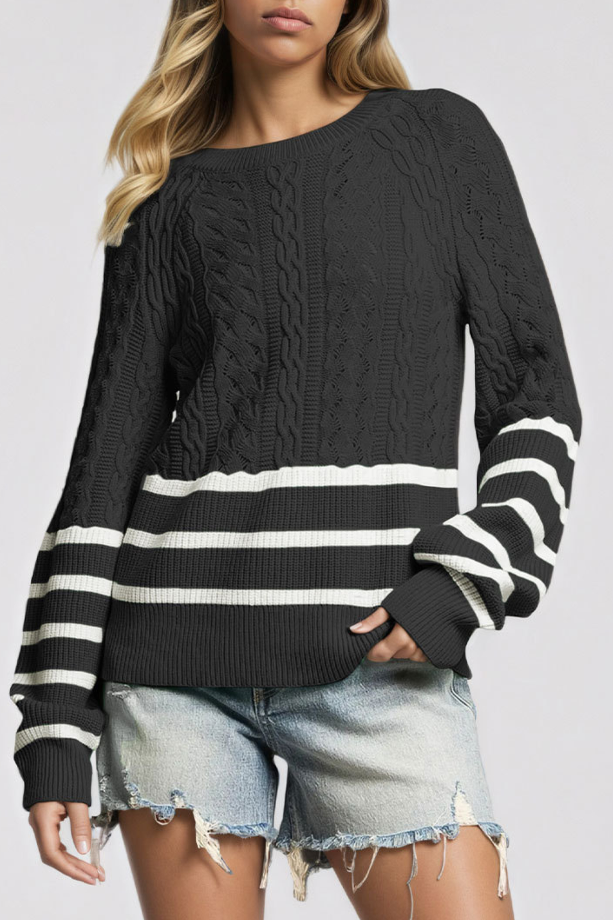 Women's Winter Crew Neck Cable Knit Contrast Stripe Sweater