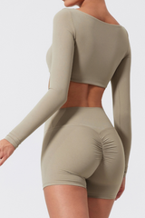 Women's Cropped Long Sleeve Top & Ruched Yoga Shorts Set