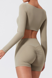 Women's Cropped Long Sleeve Top & Ruched Yoga Shorts Set