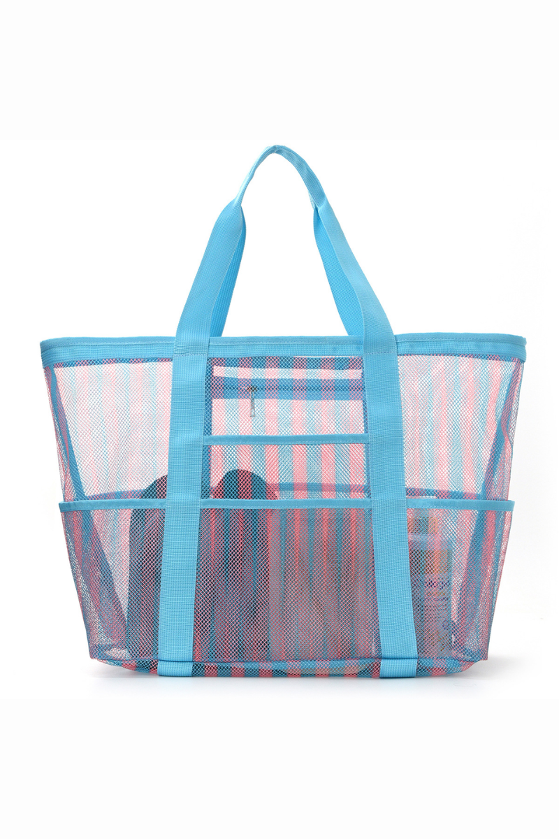 Women Summer Mesh Colorful Striped Large-Capacity Beach Bag