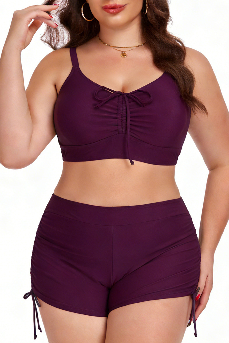 Plus Size Women's Pleated Drawstring Solid Bikini