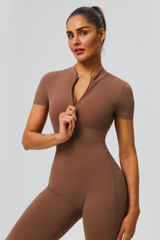 Women's Athletic Short Sleeve Half Zipper Flare Jumpsuit
