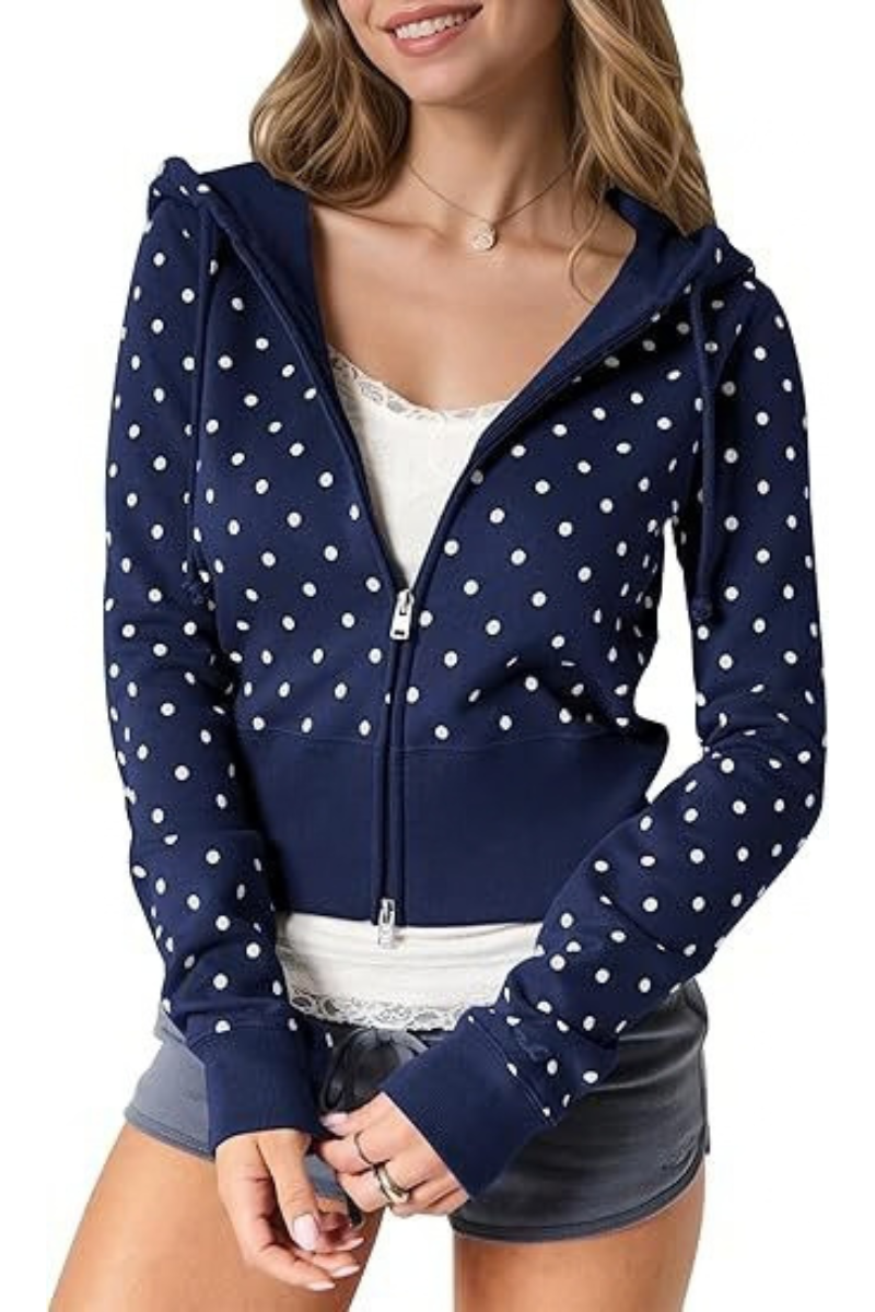 Women's Fall Polka Dot Print Cropped Zip Up Hooded Jacket