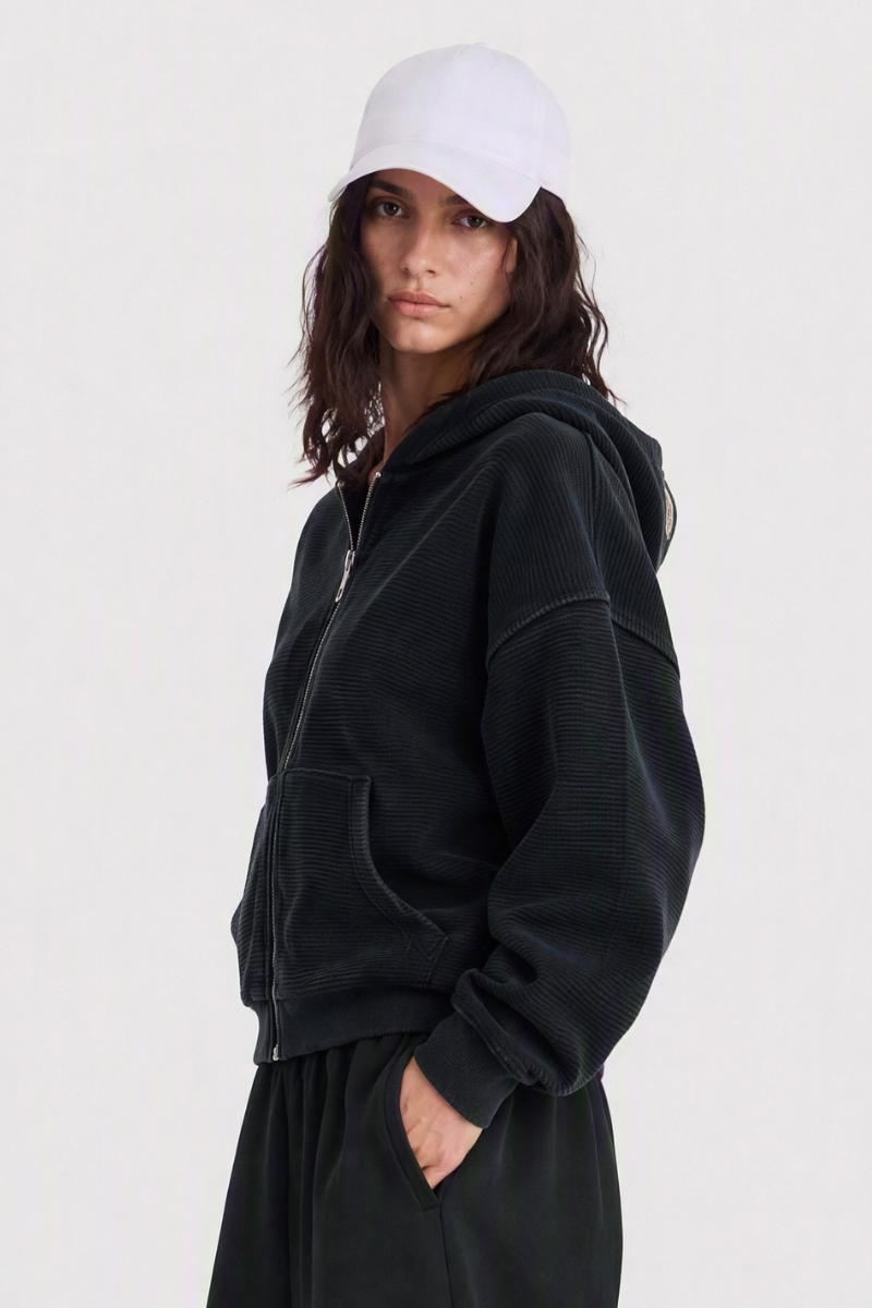 Women's Fall Vintage Washed Waffle Full Zip Up Hooded Jacket