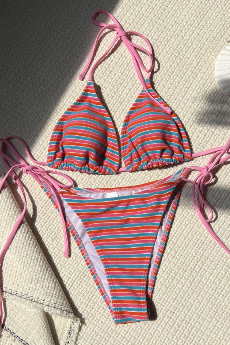 Women's Summer Colorful Striped Halter Neck Dopamine Bikini