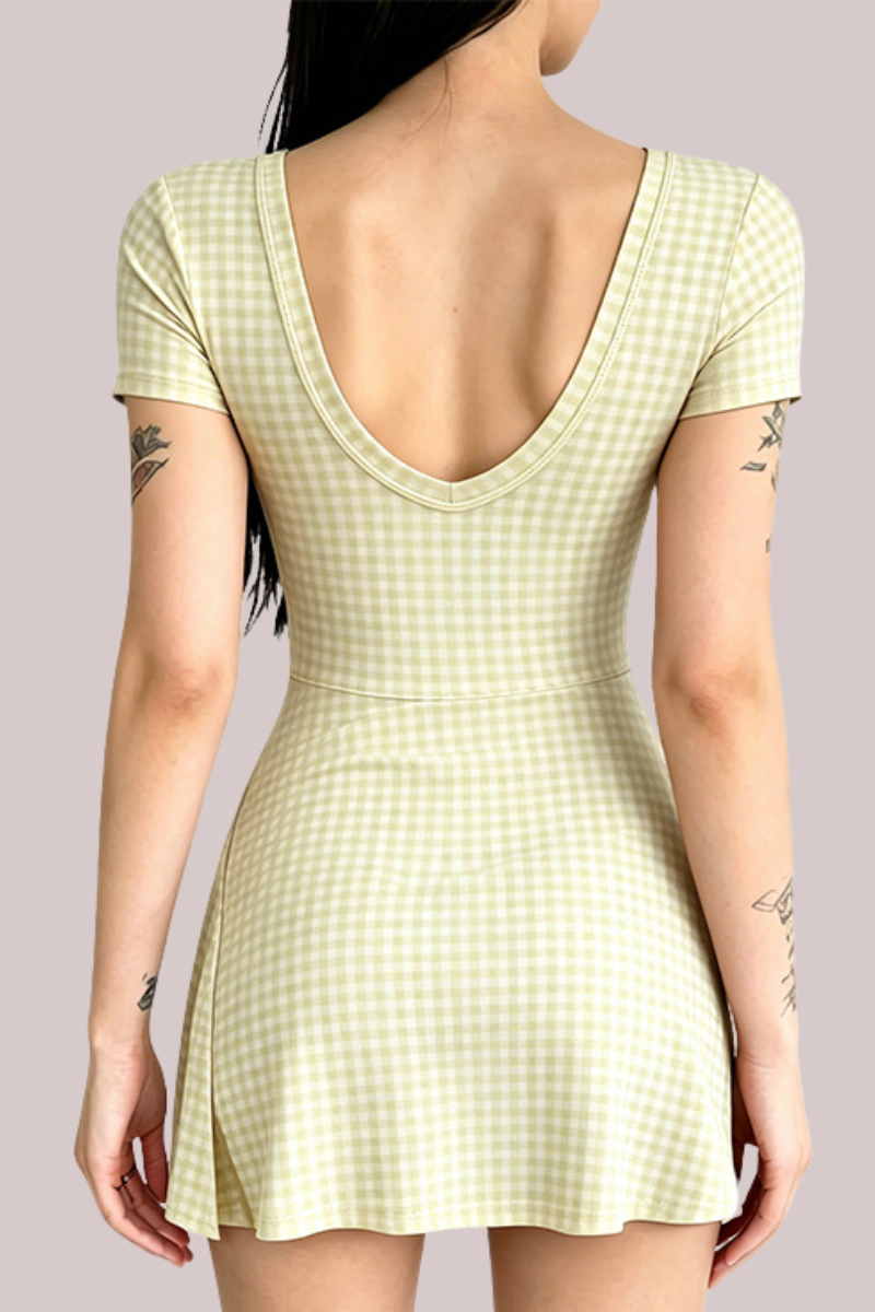Women's Round-Neck Checkered Mini Dress With Waist Bow Tie